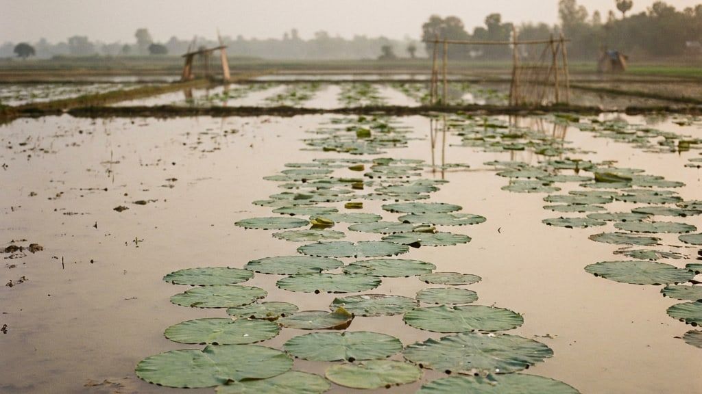 Flooded field with rows of round floating makhana leaves
