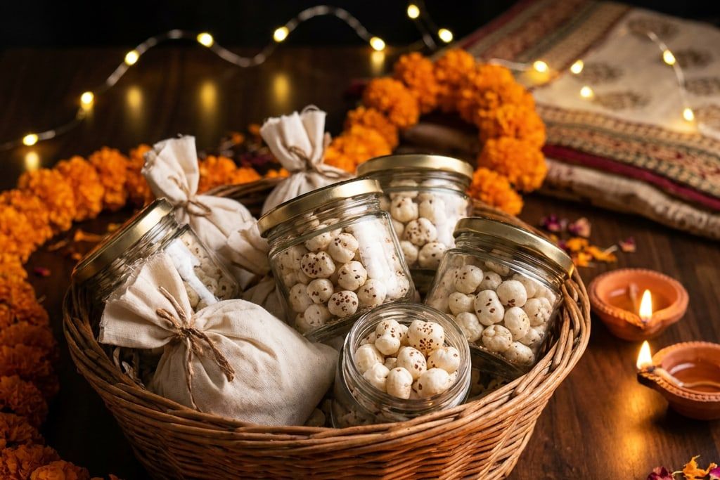 Gift hamper with jars of popped makhana, marigolds and lit diyas