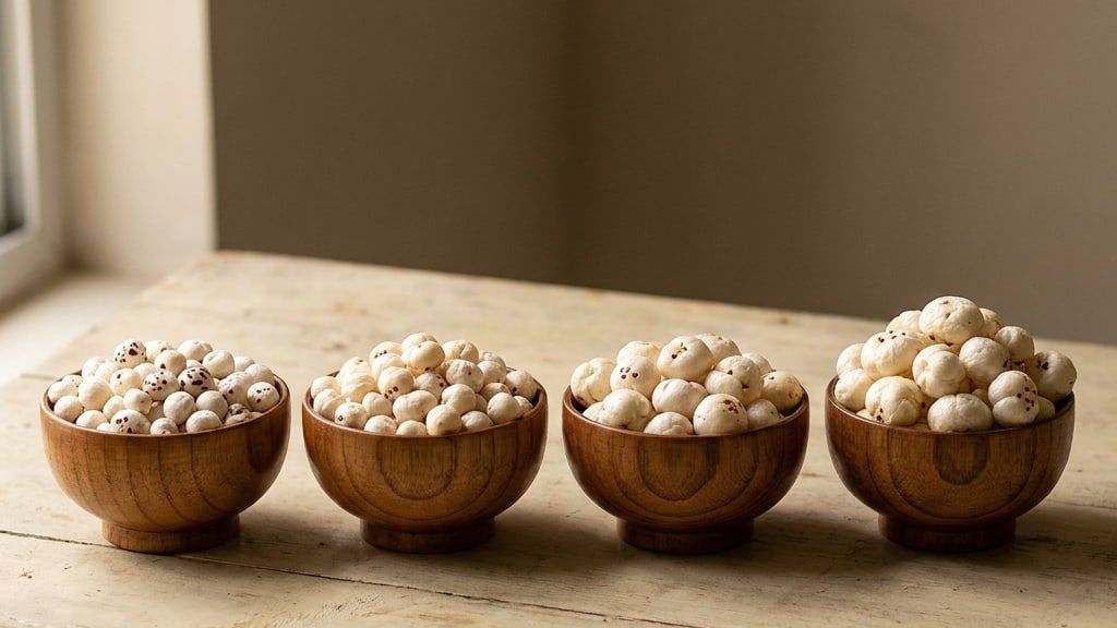 Four bowls of popped makhana, kernel size increasing from left to right