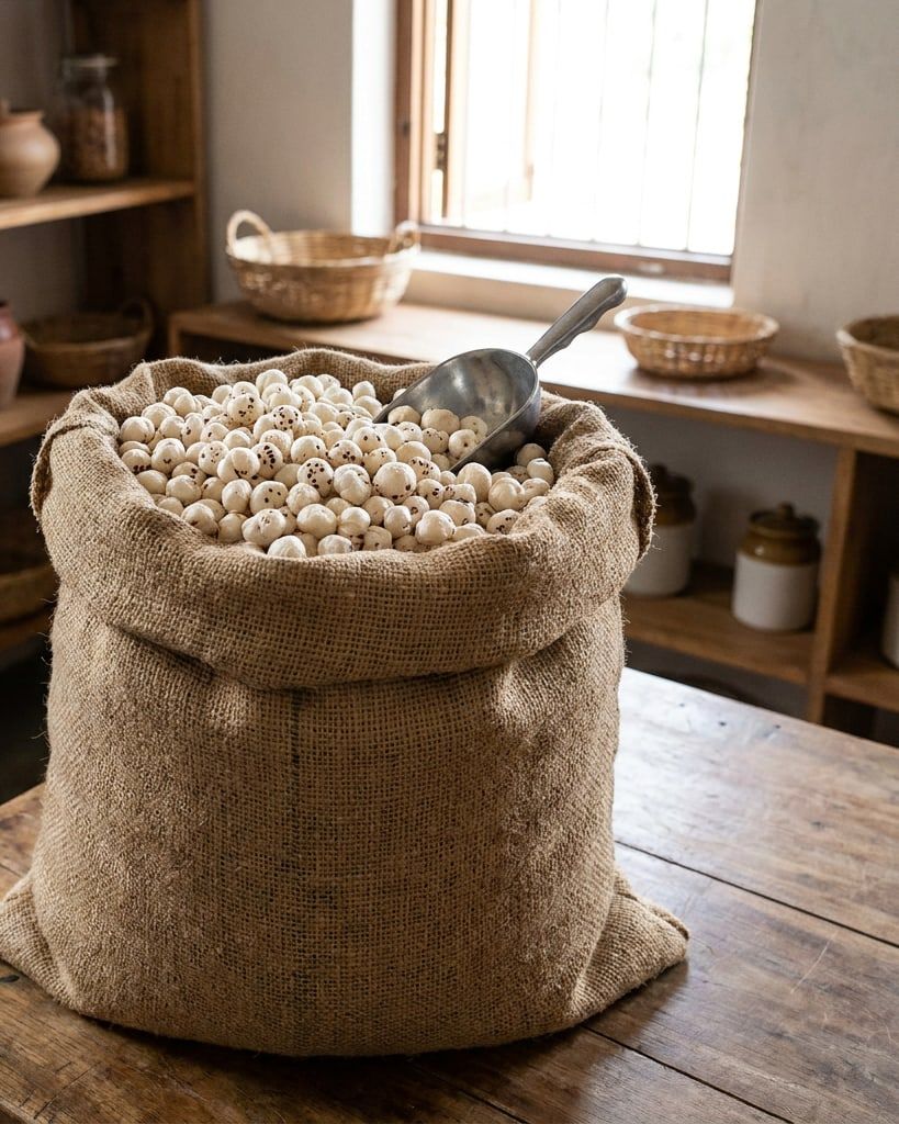 Open jute sack of popped makhana with a steel scoop