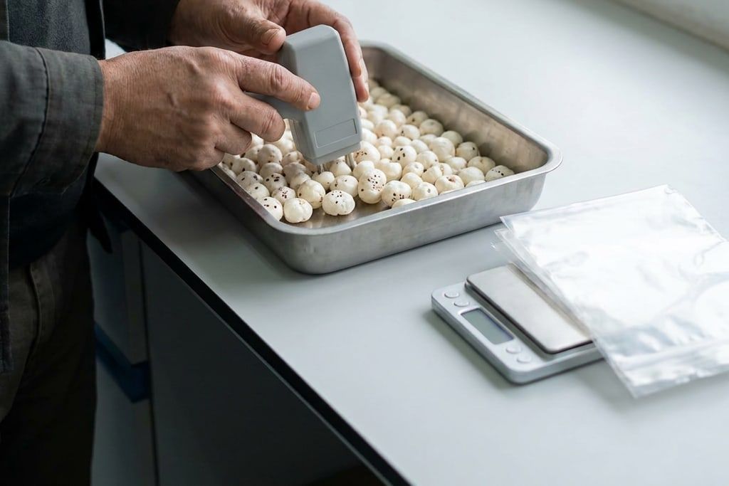 Hands testing a popped makhana sample with a moisture meter on a lab bench