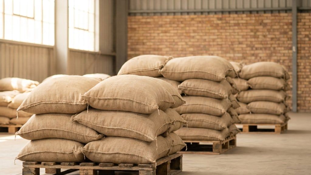 Stacked jute bags on pallets in a clean, dry warehouse
